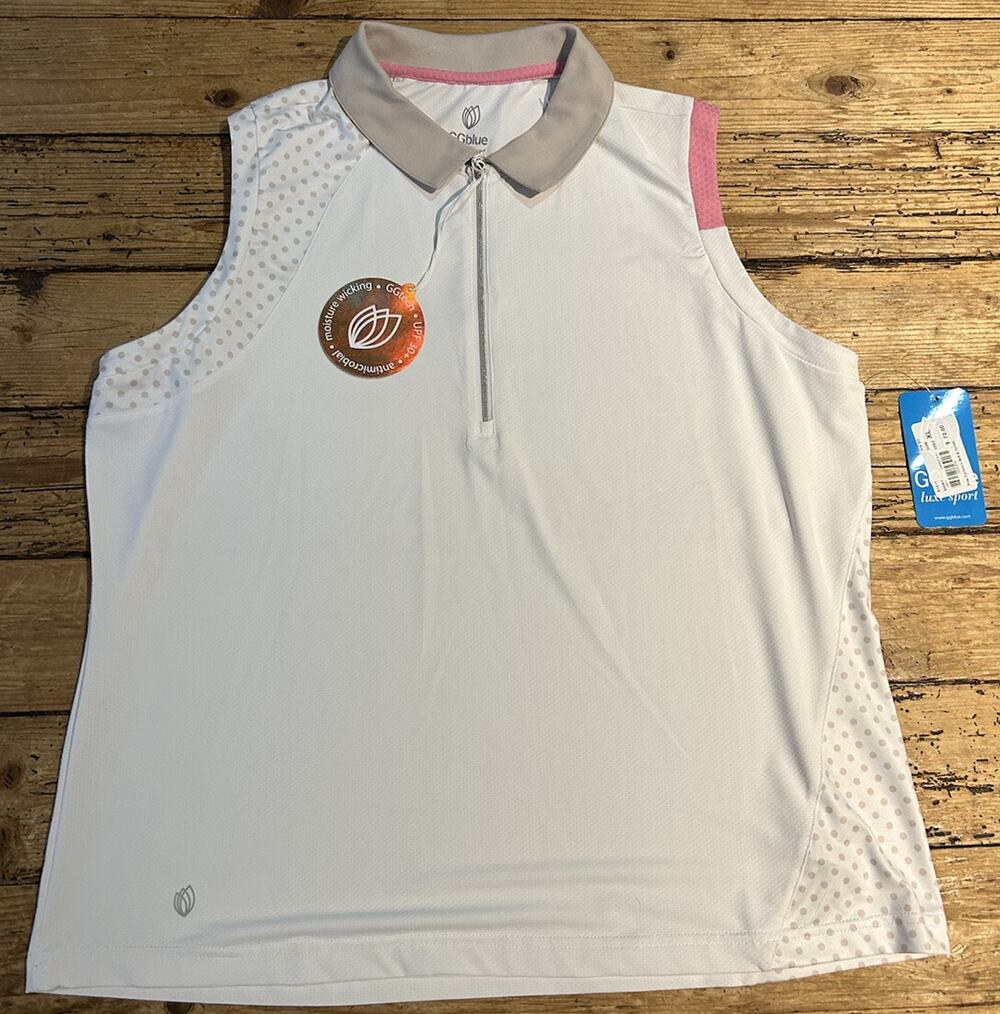GGblue Luxe Sport Women’s Size XL White/Khaki Dot Polo Sleeveless Shirt NWT
